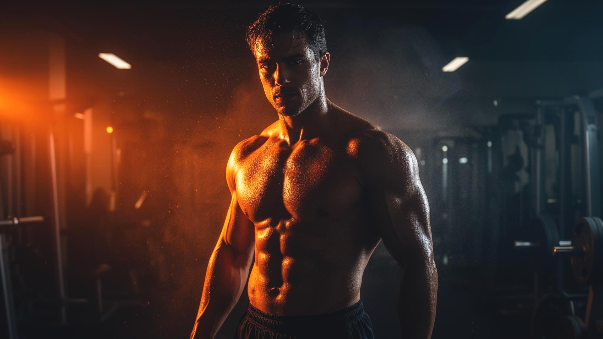 Muscular athlete in dramatic gym lighting